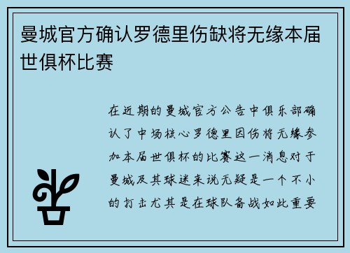 曼城官方确认罗德里伤缺将无缘本届世俱杯比赛