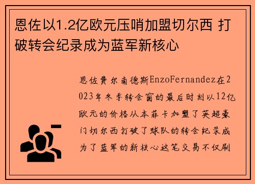 恩佐以1.2亿欧元压哨加盟切尔西 打破转会纪录成为蓝军新核心