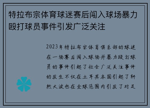 特拉布宗体育球迷赛后闯入球场暴力殴打球员事件引发广泛关注