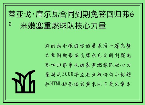 蒂亚戈·席尔瓦合同到期免签回归弗鲁米嫩塞重燃球队核心力量